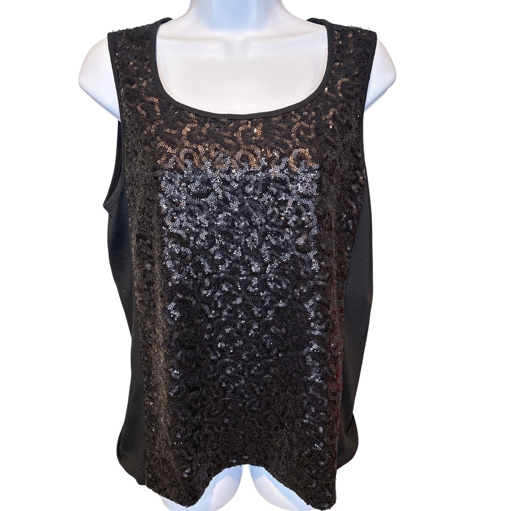 Chico's Women Black Sequin Tank Top Sz 1/M Excellent Sparkle Glam Night Out Chic